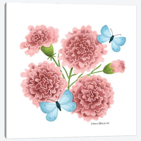 Carnation Flowers And Butterflies Canvas Print #JMK182} by Juliana Motzko Canvas Artwork