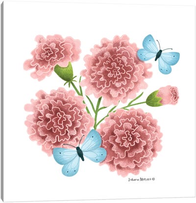 Carnation Flowers And Butterflies Canvas Art Print - Carnation Art