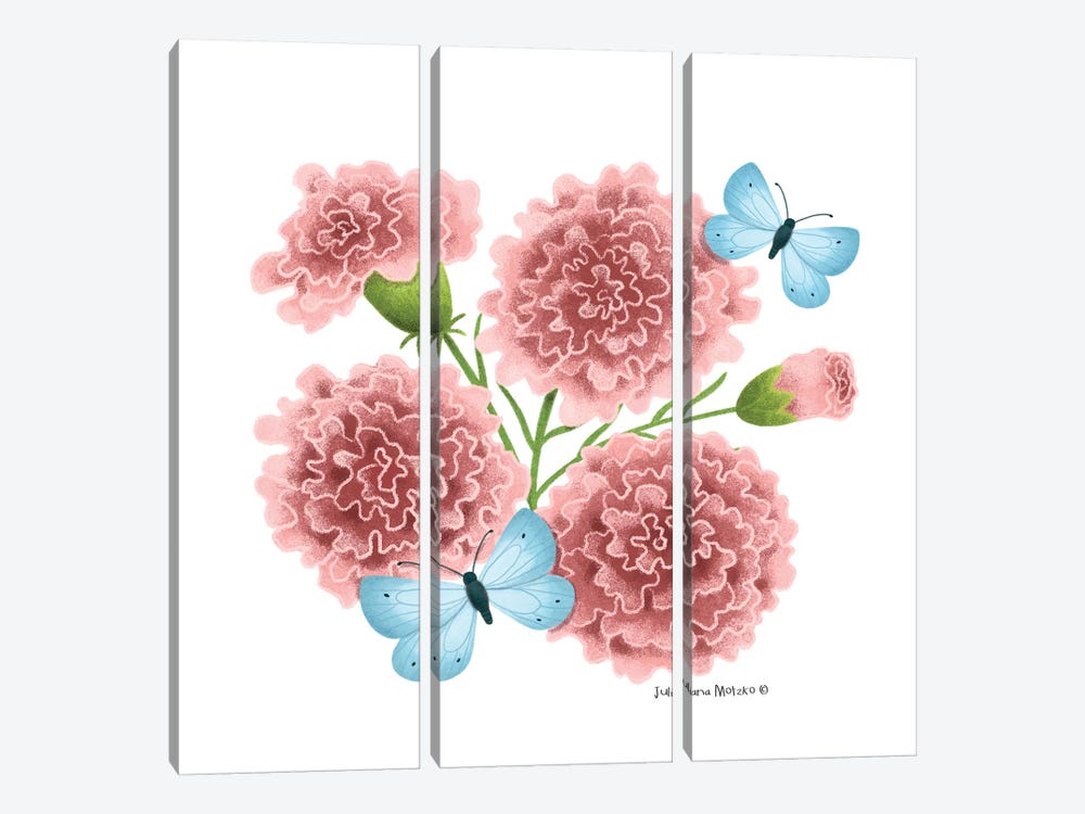 Carnation Flowers And Butterflies by Juliana Motzko 3-piece Canvas Art Print