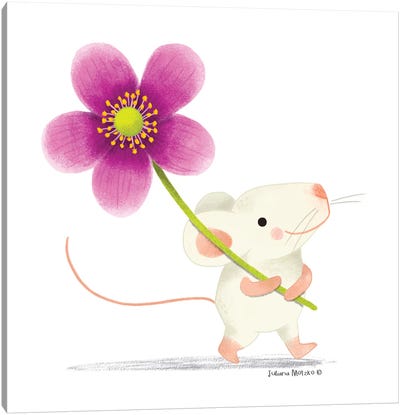 Little Mouse And Anemone Flower Canvas Art Print - Mouse Art
