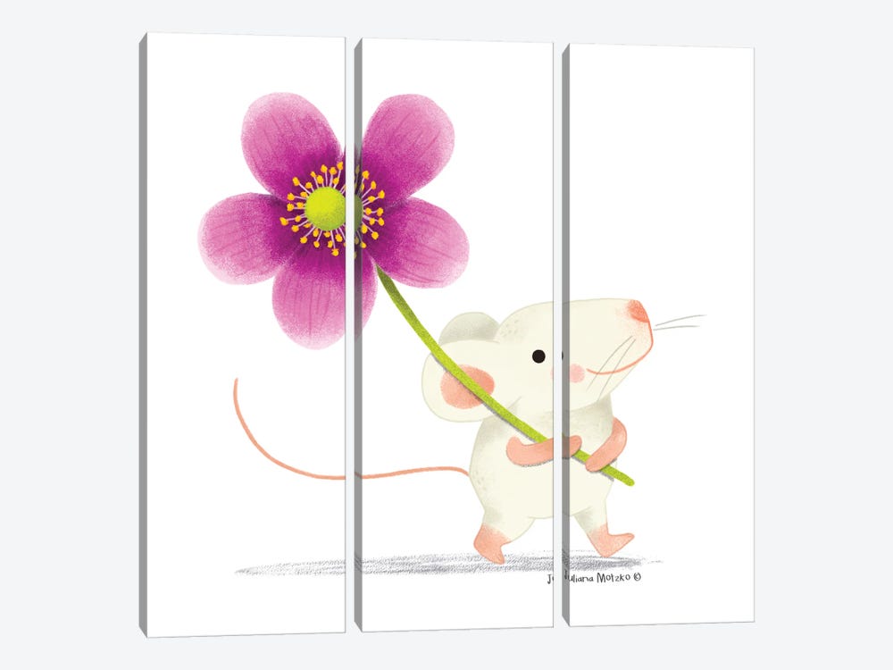 Little Mouse And Anemone Flower by Juliana Motzko 3-piece Canvas Print