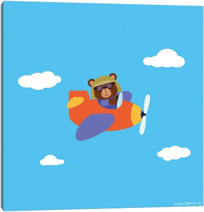 Pilot Bear Driving An Airplane Canvas Art Print - Brown Bear Art