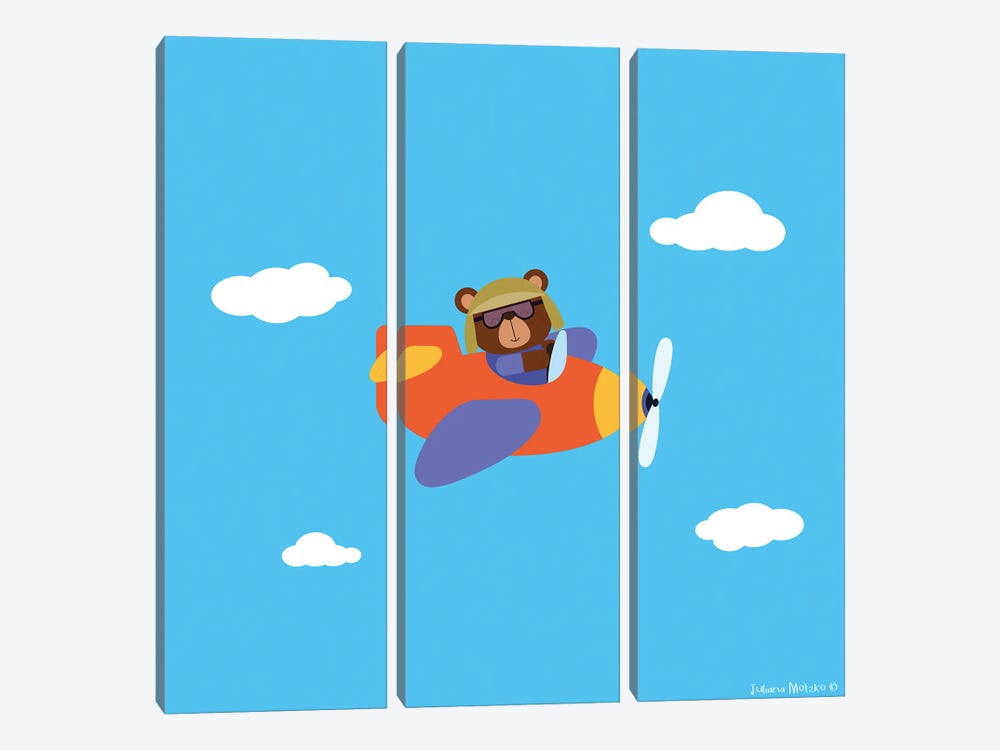Pilot Bear Driving An Airplane by Juliana Motzko 3-piece Art Print
