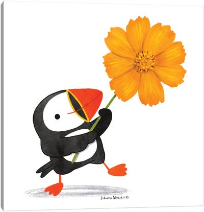Puffin And Yellow Flower Canvas Art Print - Puffin Art