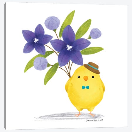 Yellow Bird With Purple Flowers Bouquet Canvas Print #JMK223} by Juliana Motzko Canvas Art Print