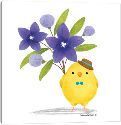 Yellow Bird With Purple Flowers Bouquet Canvas Art Print - Juliana Motzko