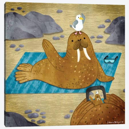 Walrus Taking Pictures With Seagull Canvas Print #JMK229} by Juliana Motzko Canvas Art Print