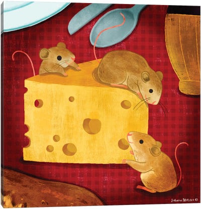 Little Cute Mouses And Cheese Canvas Art Print - Mouse Art