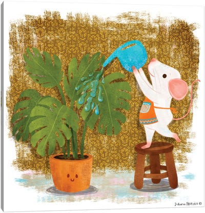 Little Mouse Watering Its Plants Canvas Art Print - Juliana Motzko