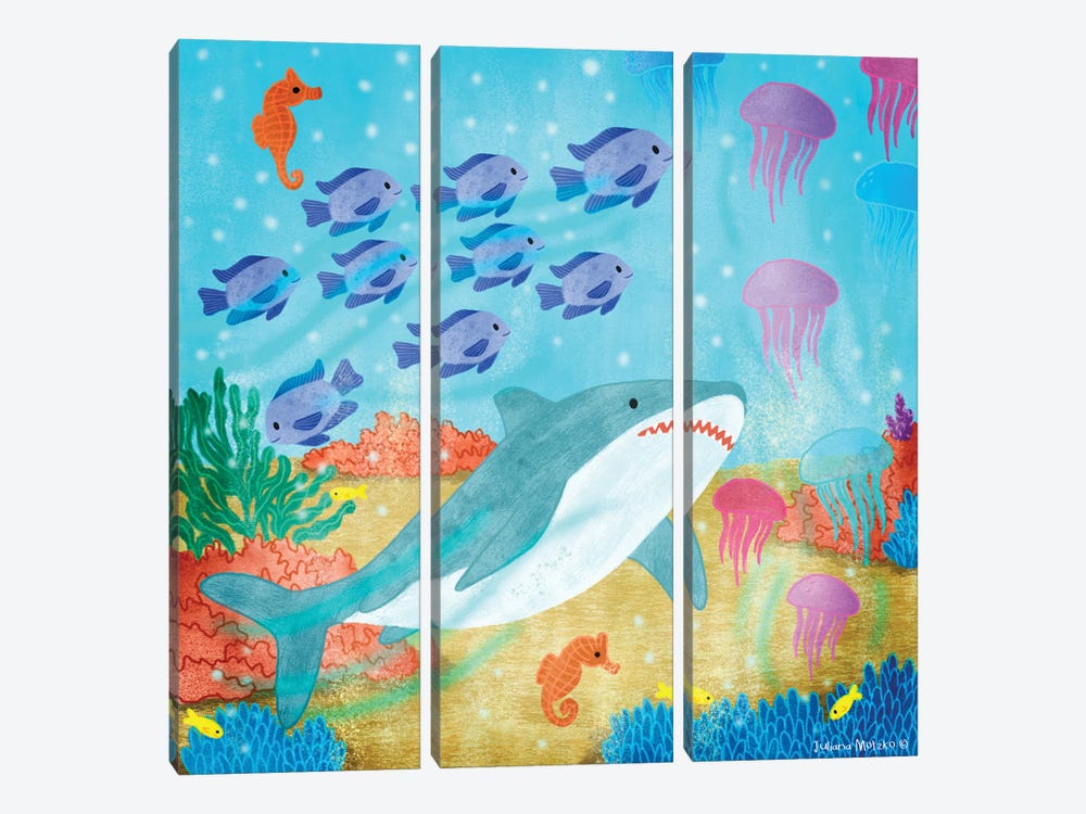 Shark, Fish, Jellyfish And Seahorse by Juliana Motzko 3-piece Canvas Print