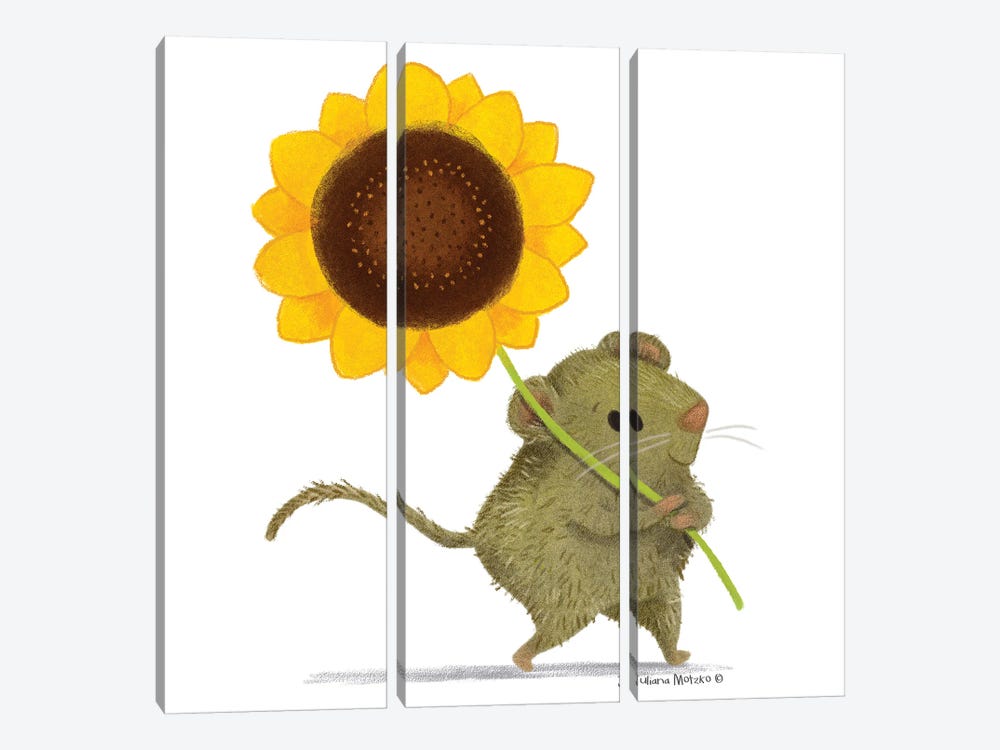 Cute Little Mouse With A Sunflower by Juliana Motzko 3-piece Art Print