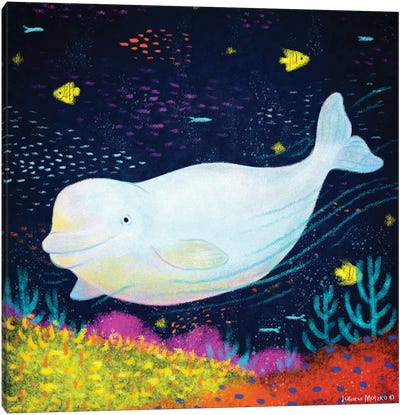 Beluga Whale Swimming In The Ocean Canvas Art Print - Juliana Motzko