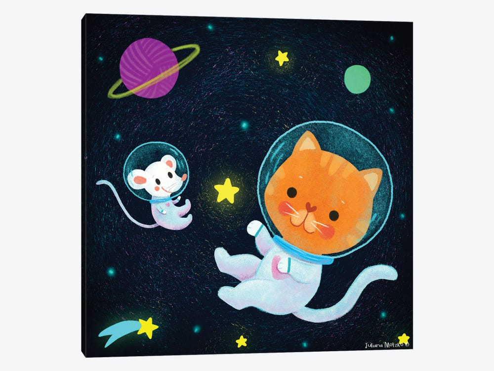 Cat And Mouse In The Space by Juliana Motzko 1-piece Canvas Wall Art