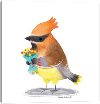 Cedar Waxwing Bird With Flowers Canvas Art Print - Juliana Motzko