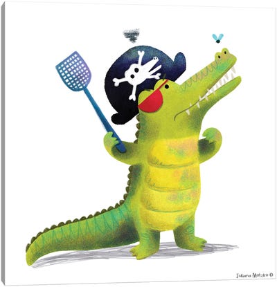 Pirate Crocodile Fighting With A Fly Canvas Art Print - Crocodile & Alligator Art