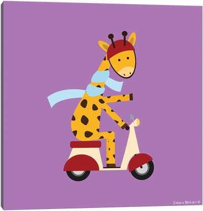 Giraffe On A Motor Scooter Canvas Art Print - Juliana Motzko