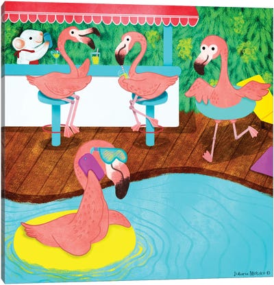 Flamingos In A Resort Canvas Art Print - Swimming Pool Art