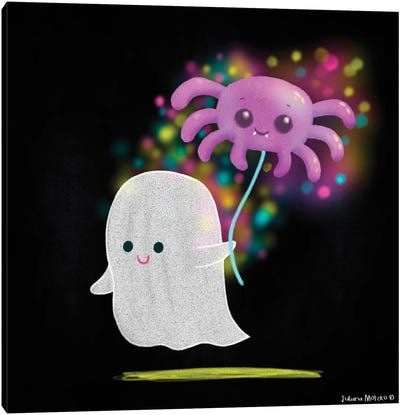 Little Ghost With A Spider Balloon Canvas Art Print - Adorable Anthropomorphism