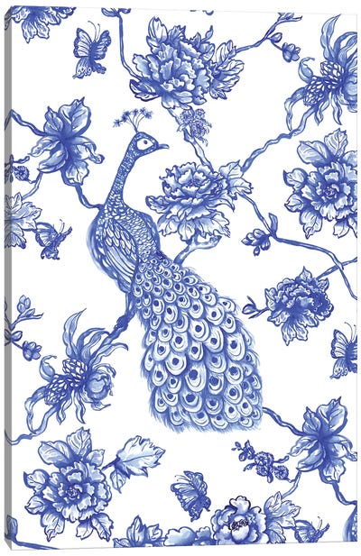 Chinoiserie Peacock Canvas Art Print - Charming Blue