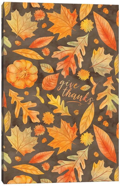 Give Thanks Watercolor Autumn Leaves Brown Canvas Art Print - Pumpkins