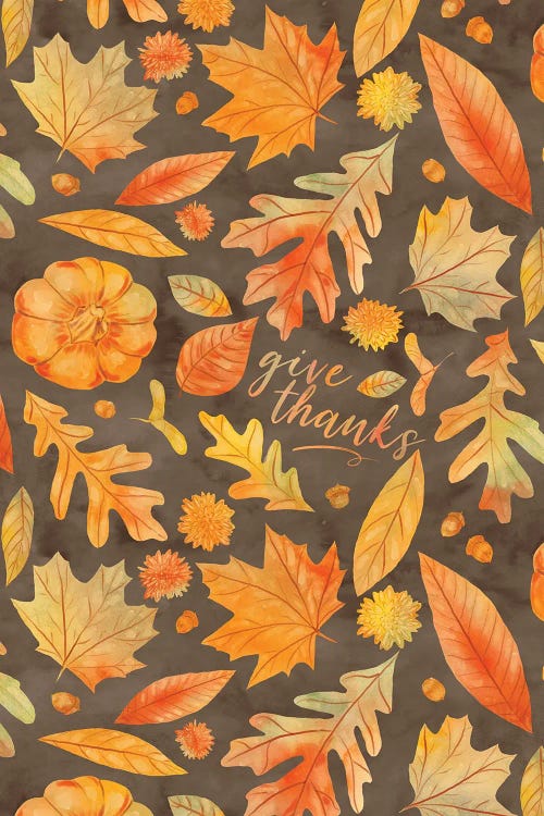 Give Thanks Watercolor Autumn Leaves Brown