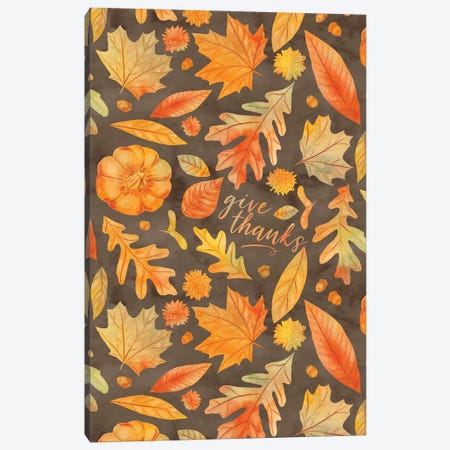 Give Thanks Watercolor Autumn Leaves Brown Canvas Print #JMO177} by Jacqueline Maldonado Art Print