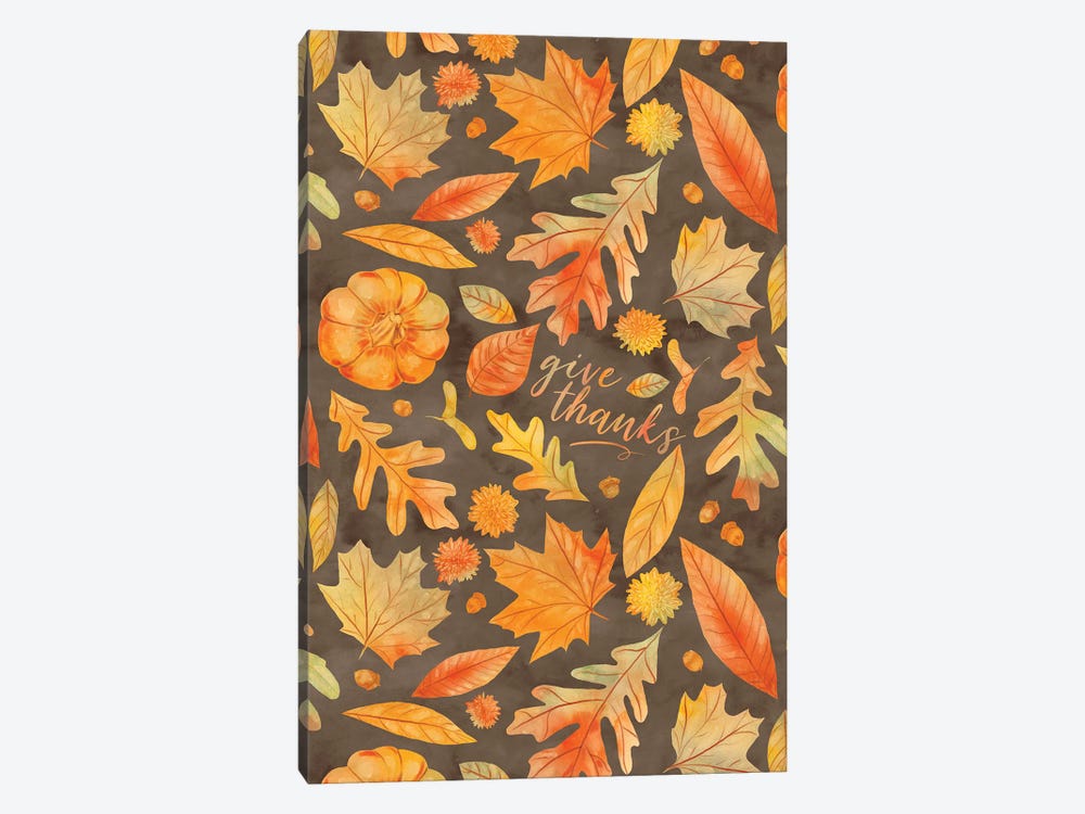 Give Thanks Watercolor Autumn Leaves Brown by Jacqueline Maldonado 1-piece Canvas Print