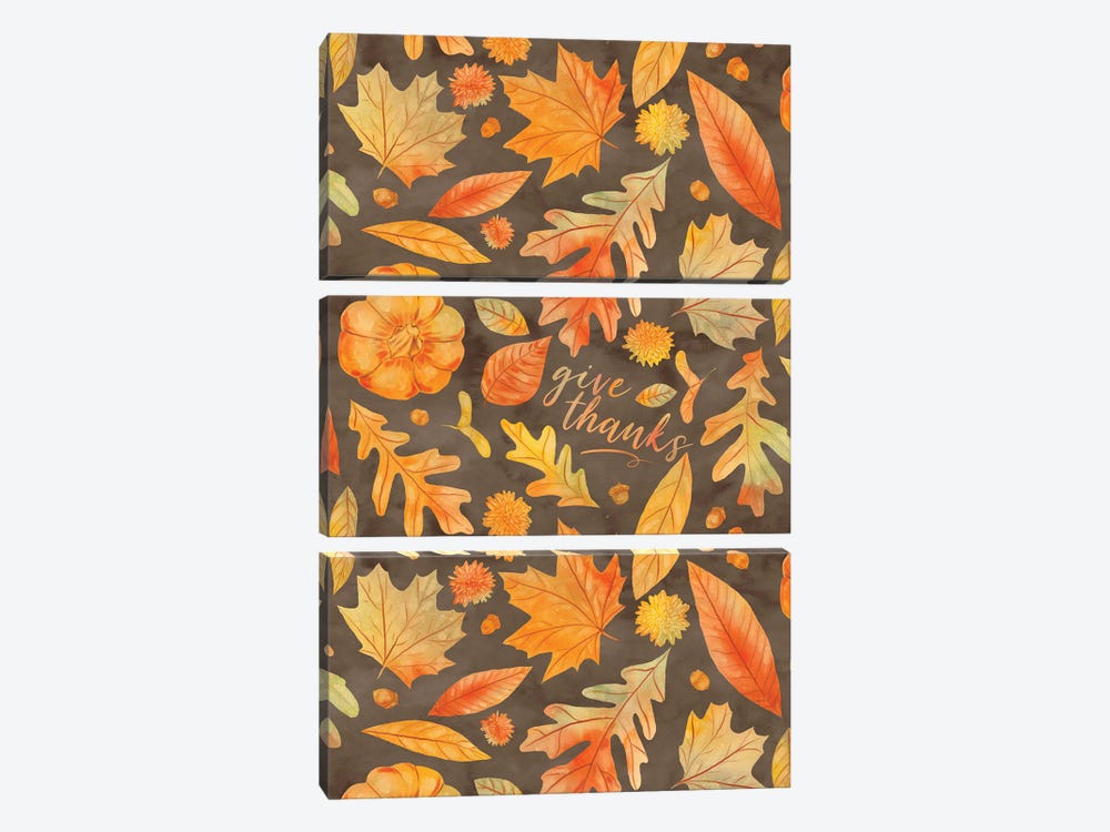 Give Thanks Watercolor Autumn Leaves Brown by Jacqueline Maldonado 3-piece Canvas Print