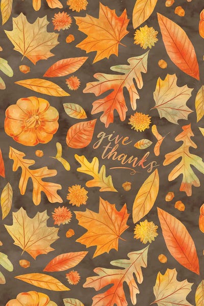 Gratitude: Give Thanks Watercolor Autumn Leaves Brown by Jacqueline Maldonado