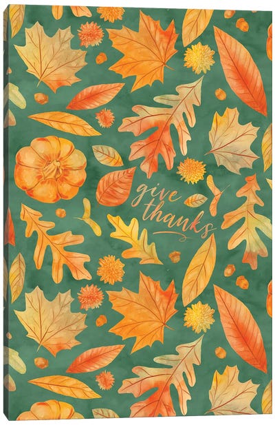 Give Thanks Watercolor Autumn Leaves Teal Canvas Art Print - Pumpkins