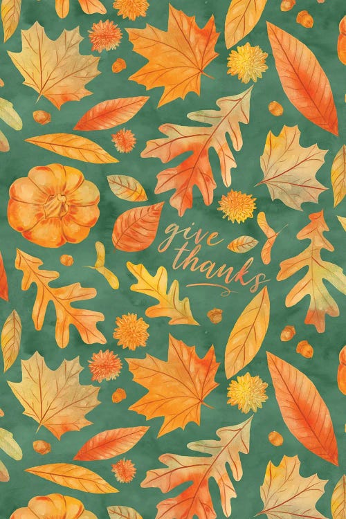Give Thanks Watercolor Autumn Leaves Teal