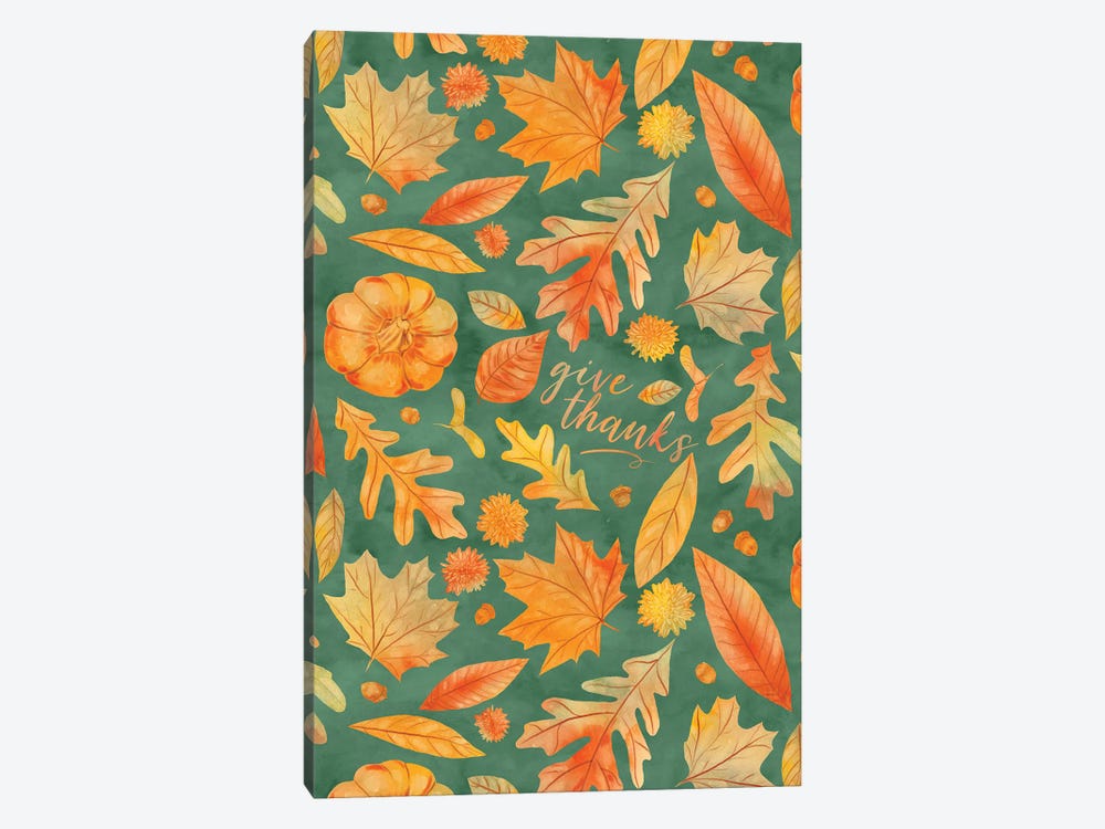 Give Thanks Watercolor Autumn Leaves Teal by Jacqueline Maldonado 1-piece Canvas Art