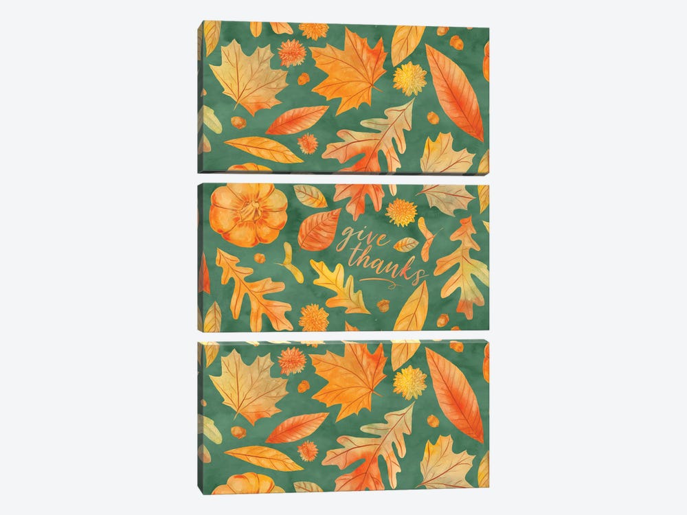 Give Thanks Watercolor Autumn Leaves Teal by Jacqueline Maldonado 3-piece Canvas Art