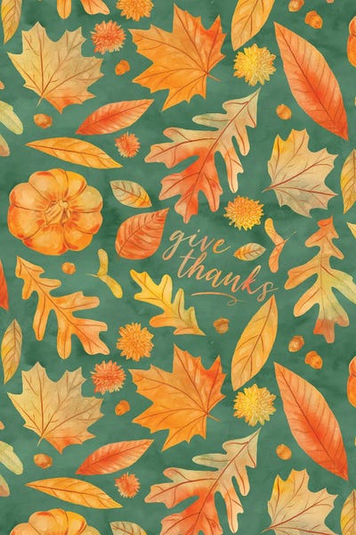 Gratitude: Give Thanks Watercolor Autumn Leaves Teal by Jacqueline Maldonado