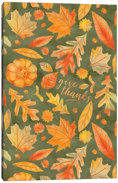 Give Thanks Watercolor Autumn Leaves Green Canvas Art Print - Pumpkins