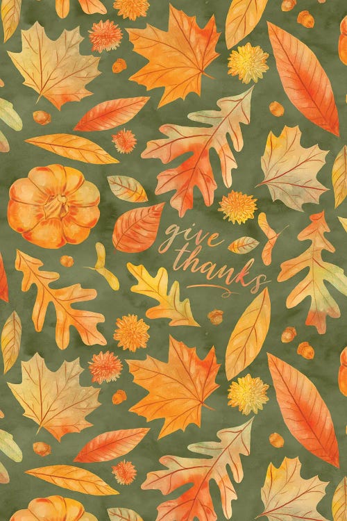 Give Thanks Watercolor Autumn Leaves Green