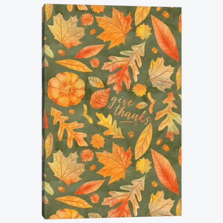 Give Thanks Watercolor Autumn Leaves Green Canvas Print #JMO179} by Jacqueline Maldonado Canvas Art