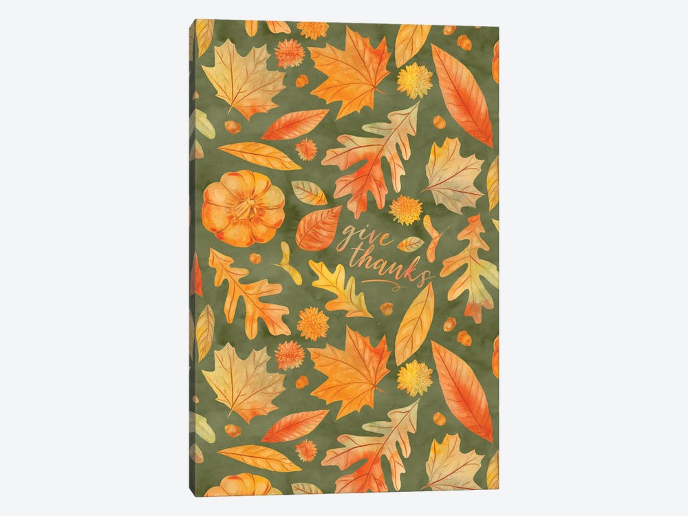Give Thanks Watercolor Autumn Leaves Green by Jacqueline Maldonado 1-piece Art Print