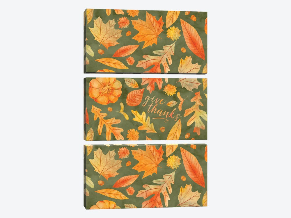 Give Thanks Watercolor Autumn Leaves Green by Jacqueline Maldonado 3-piece Canvas Print