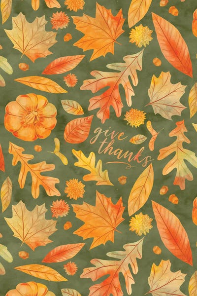 Give Thanks Watercolor Autumn Leaves Green
