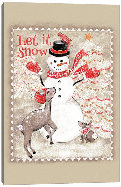 Let It Snow Snowman Postage Stamp Canvas Art Print - Jacqueline Maldonado
