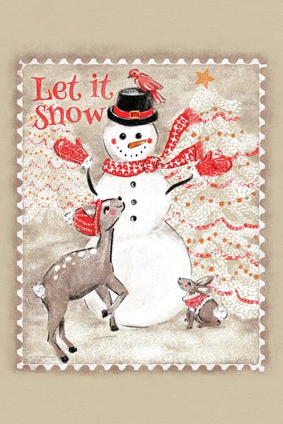 Typography: Let It Snow Snowman Postage Stamp by Jacqueline Maldonado