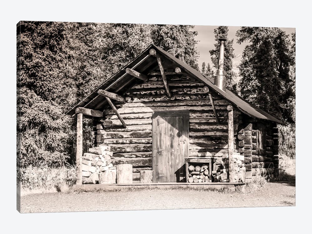 Small, Rustic Log Home In Sepia by Janet Muir 1-piece Canvas Print