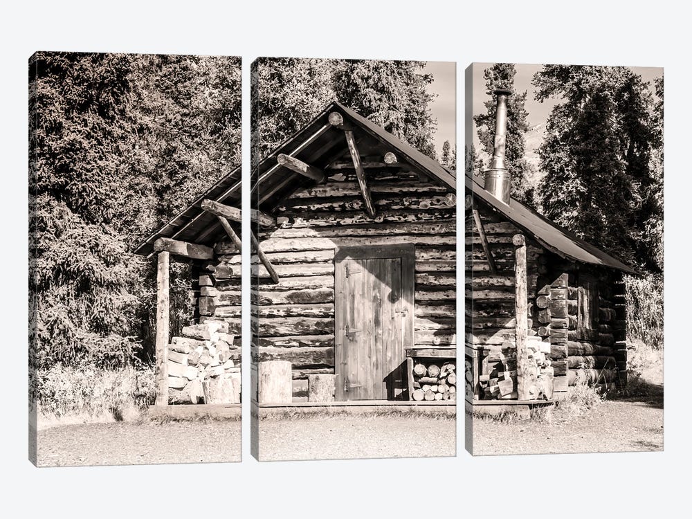 Small, Rustic Log Home In Sepia by Janet Muir 3-piece Canvas Art Print