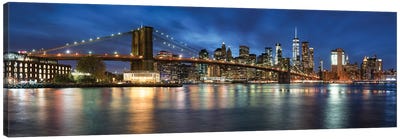 Manhattan Skyline Panorama With Brooklyn Bridge At Night Canvas Art Print - Brooklyn Art