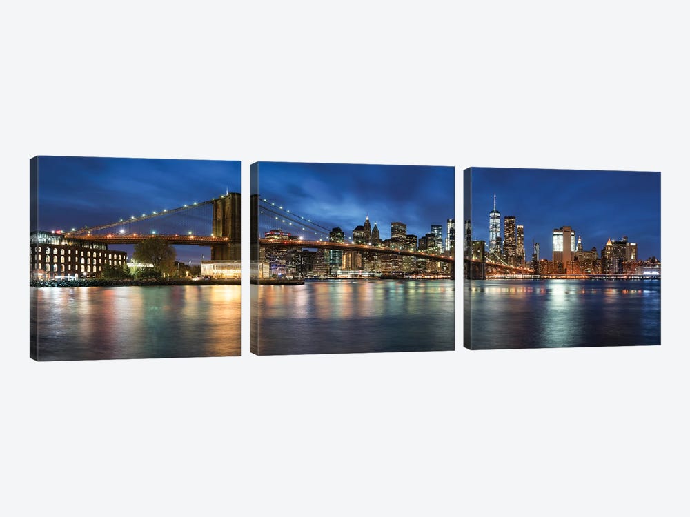 Manhattan Skyline Panorama With Brooklyn Bridge At Night by Jan Becke 3-piece Canvas Art