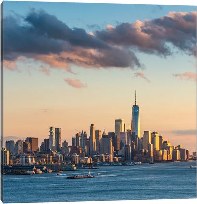Lower Manhattan Skyline With One World Trade Center At Sunset Canvas Art Print - City Sunrise & Sunset Art