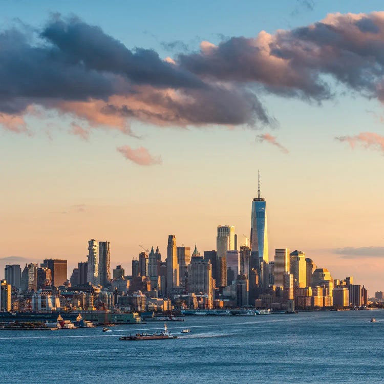 Lower Manhattan Skyline With One World Trade Center At Sunset