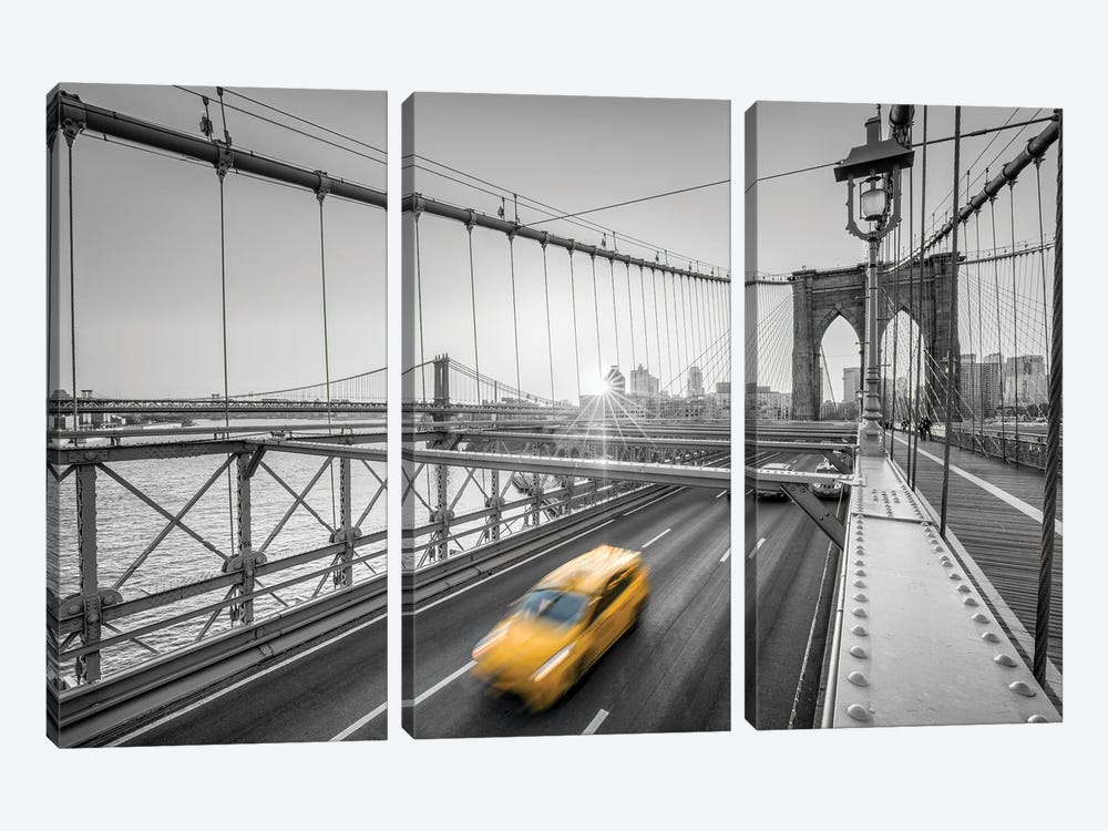 Yellow Cab Crossing The Brooklyn Bridge, New York City by Jan Becke 3-piece Canvas Artwork
