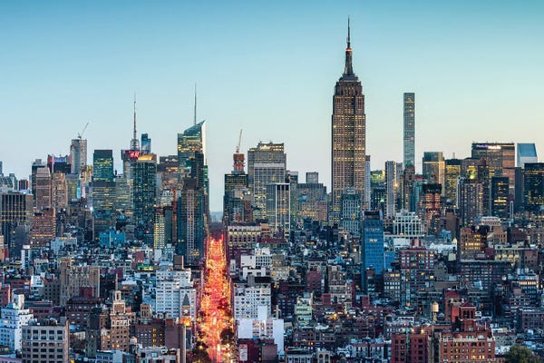 Manhattan: Manhattan Skyline With Empire State Building At Dusk by Jan Becke